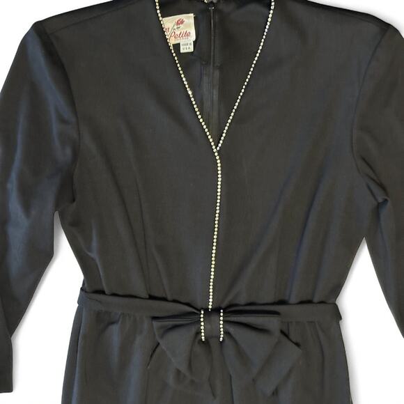 Vintage 70s Caron Petite Black Rhinestone Cocktail Dress 10P Bow Belt Retro Midi - Picture 5 of 10